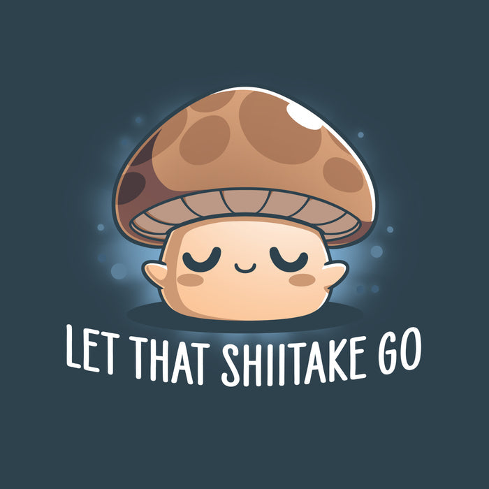 Premium Cotton T-shirt_TeeTurtle denim blue Let That Shiitake Go apparel featuring a brown zen mushroom with its eyes closed and caption reads, "let that shiitake go".