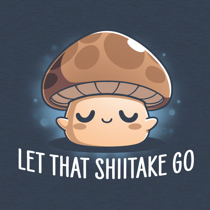 Classic Cotton T-shirt_TeeTurtle heather navy Let That Shiitake Go apparel featuring a brown zen mushroom with its eyes closed and caption reads, "let that shiitake go".