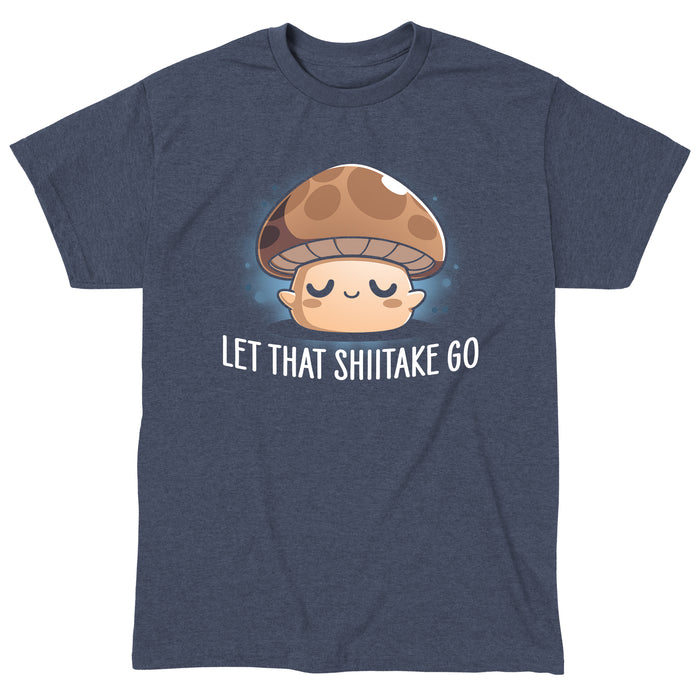 Classic Cotton T-shirt_TeeTurtle heather navy Let That Shiitake Go apparel featuring a brown zen mushroom with its eyes closed and caption reads, "let that shiitake go".