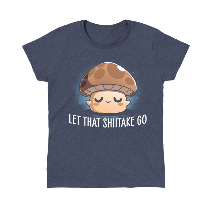 Classic Cotton T-shirt_TeeTurtle heather navy Let That Shiitake Go apparel featuring a brown zen mushroom with its eyes closed and caption reads, "let that shiitake go".