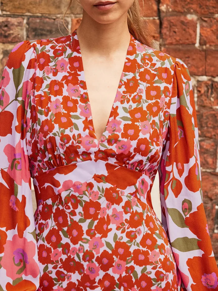 Lilac and Coral Poppy-Print Midi Dress