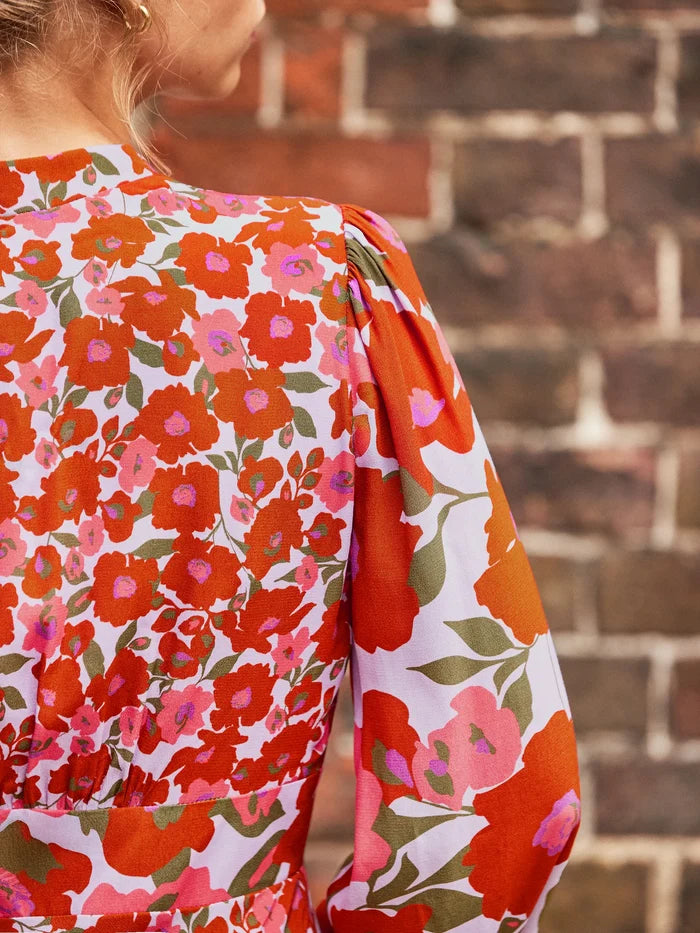 Lilac and Coral Poppy-Print Midi Dress
