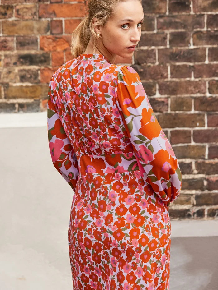Lilac and Coral Poppy-Print Midi Dress