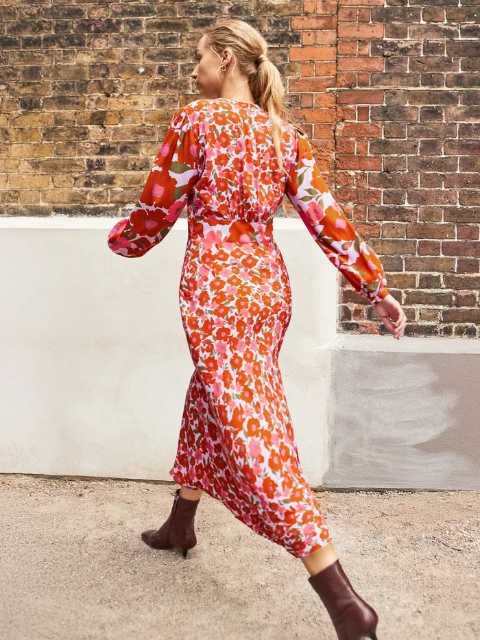 Lilac and Coral Poppy-Print Midi Dress