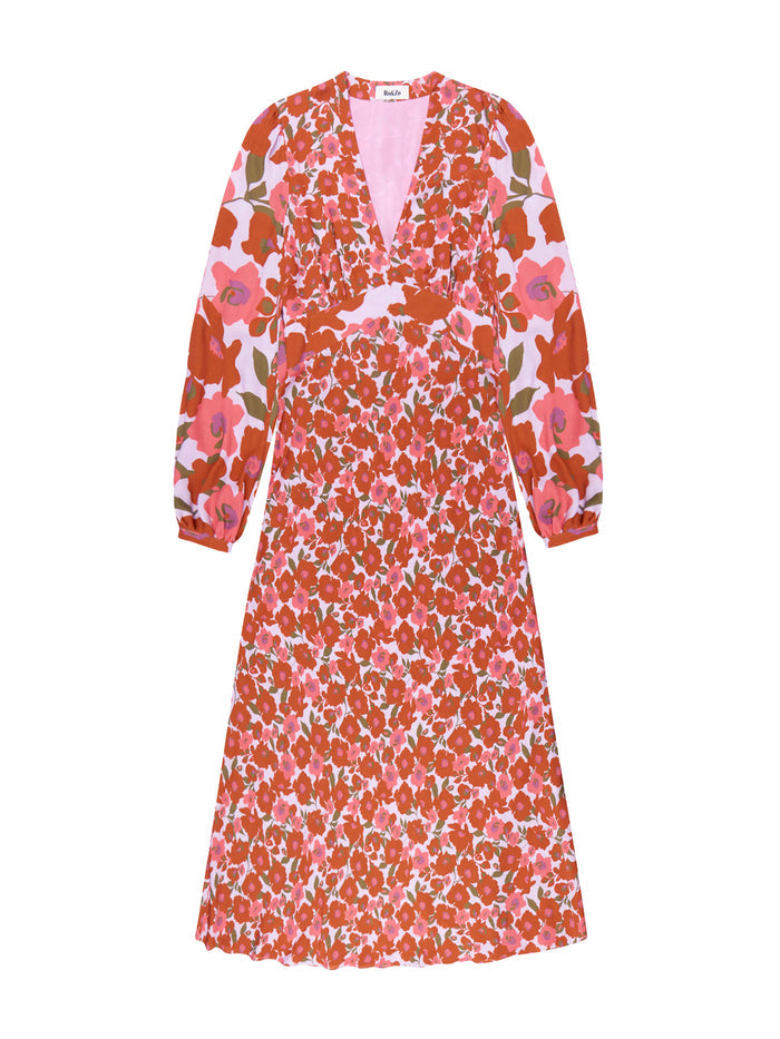 Lilac and Coral Poppy-Print Midi Dress