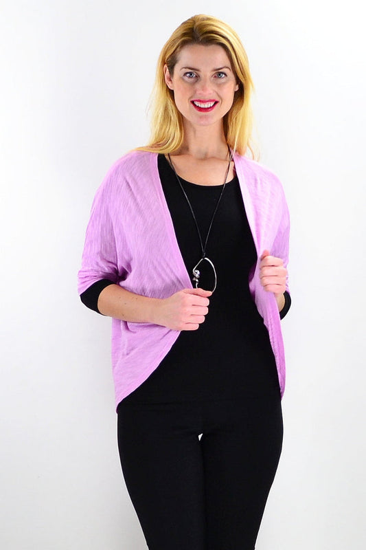 Lilac Freez mini shrug cardigan styled as a tunic, lightweight and cozy, featuring long sleeves and a relaxed fit.