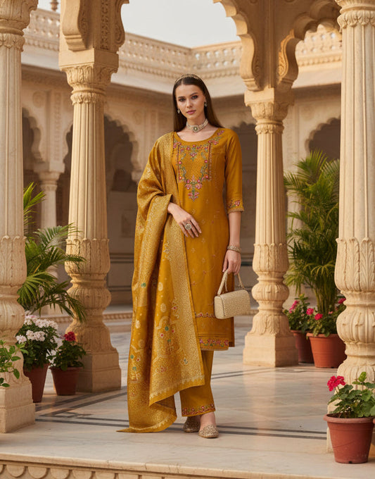 Linen silk Kurti set with banarasi dupatta - Kurti Connection USA