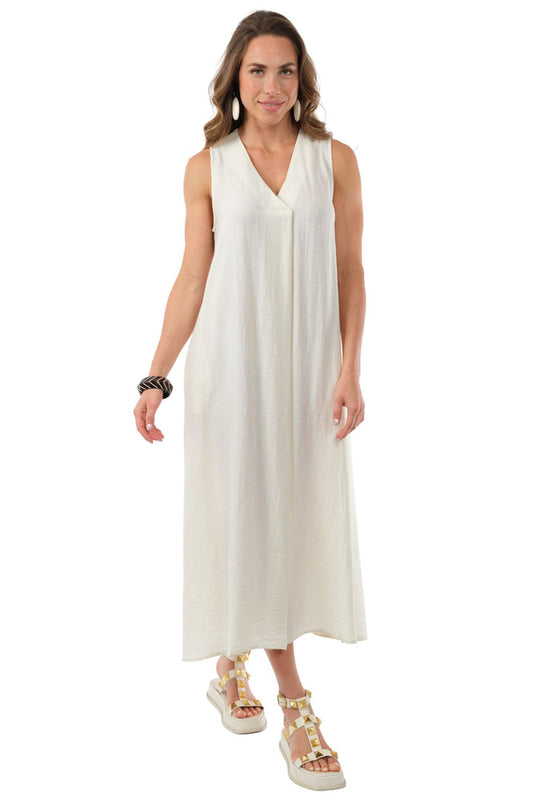 LIOR Women's Beige Sleeveless Linen Midi Dress With Scrunched Back  - "Amelia"