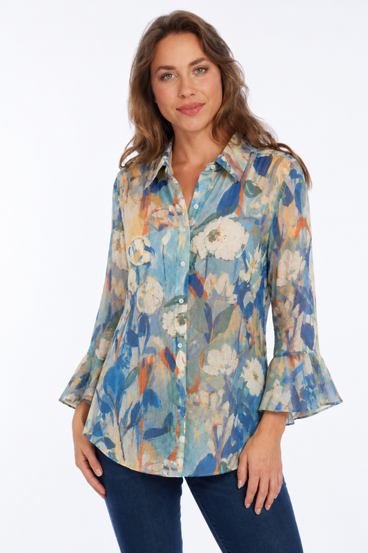 Lior Women's Blue Floral Button Front with 3/4 Bell Sleeves & Flounce Sides - "HAPPY"
