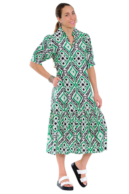 Green Greek mosaic print midi dress for women, perfect casual summer outfit