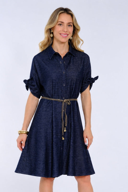 LIOR Women's Navy Embossed Denim Button Front Dress With Tie Belt - "Mae"