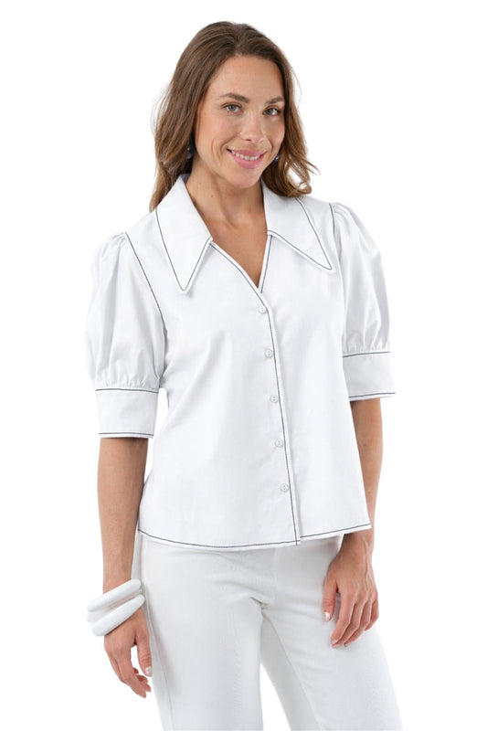 LIOR Women's White Boyfriend Pointed Collar Short Sleeve Shirt - Blanche