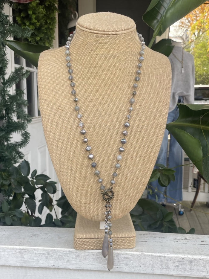 Long Beaded Necklace w/ Spindle Drops