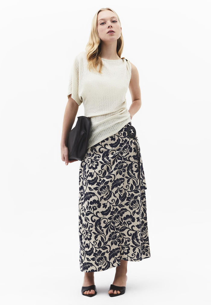 Long Belted Printed A-Line Skirt - LEAF COMB