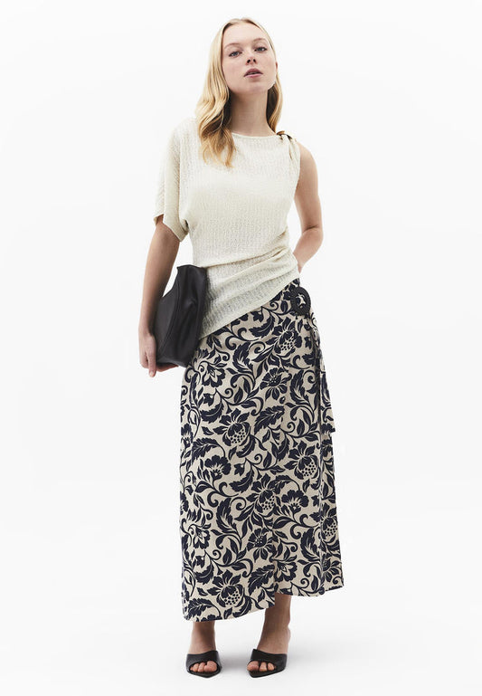 Long Belted Printed A-Line Skirt - LEAF COMB