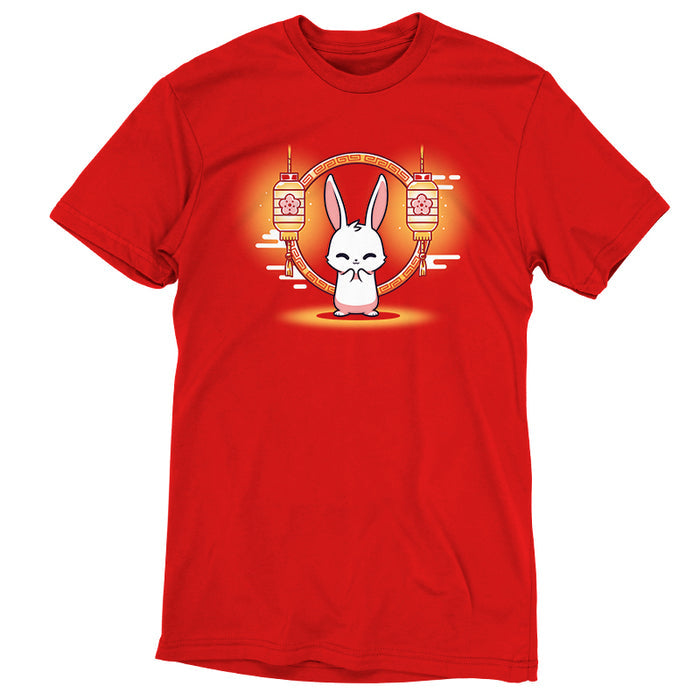 Premium Cotton T-shirt_TeeTurtle Lunar New Year Bunny red apparel featuring a cheerful white bunny in front of lunar new year themed lanterns.