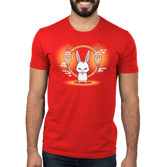 Premium Cotton T-shirt_TeeTurtle Lunar New Year Bunny red apparel featuring a cheerful white bunny in front of lunar new year themed lanterns.