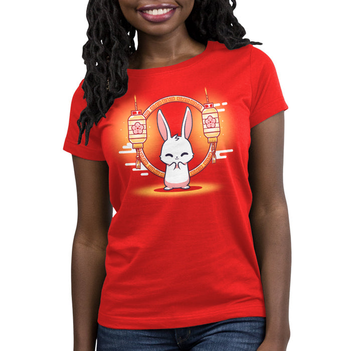 Premium Cotton T-shirt_TeeTurtle Lunar New Year Bunny red apparel featuring a cheerful white bunny in front of lunar new year themed lanterns.