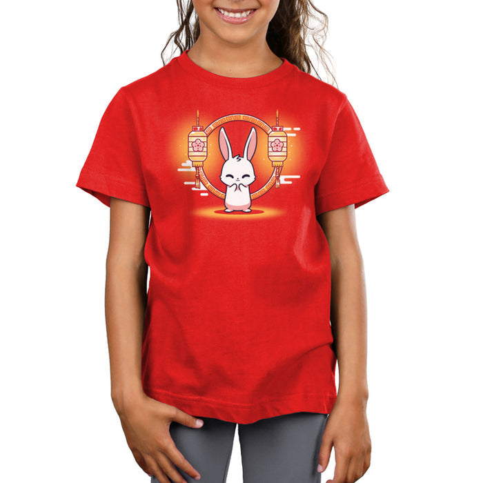 Premium Cotton T-shirt_TeeTurtle Lunar New Year Bunny red apparel featuring a cheerful white bunny in front of lunar new year themed lanterns.