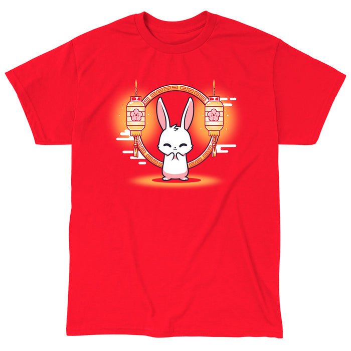 Classic Cotton T-shirt_TeeTurtle Lunar New Year Bunny red apparel featuring a cheerful white bunny in front of lunar new year themed lanterns.