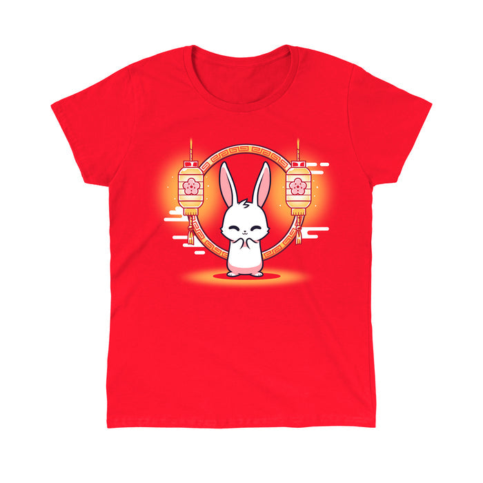 Classic Cotton T-shirt_TeeTurtle Lunar New Year Bunny red apparel featuring a cheerful white bunny in front of lunar new year themed lanterns.
