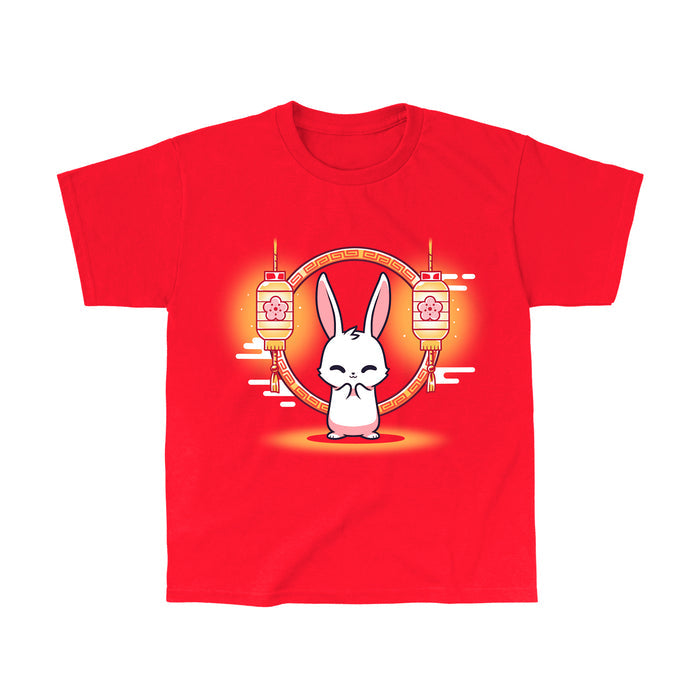 Classic Cotton T-shirt_TeeTurtle Lunar New Year Bunny red apparel featuring a cheerful white bunny in front of lunar new year themed lanterns.