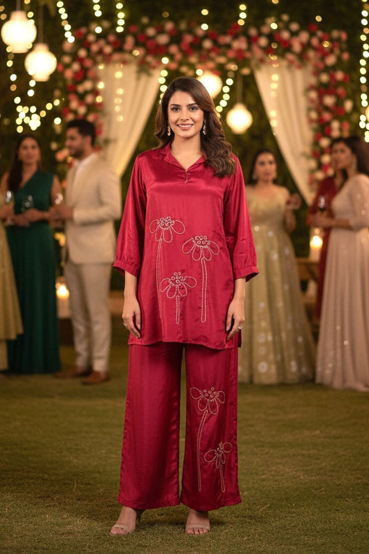 Magenta Hand Embroidered Natural Crepe Co-ord Set