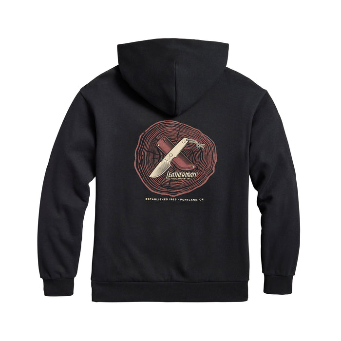 Back of the black Blade & Grain hoodie displaying a fixed blade knife and a leather sheath on a stump
