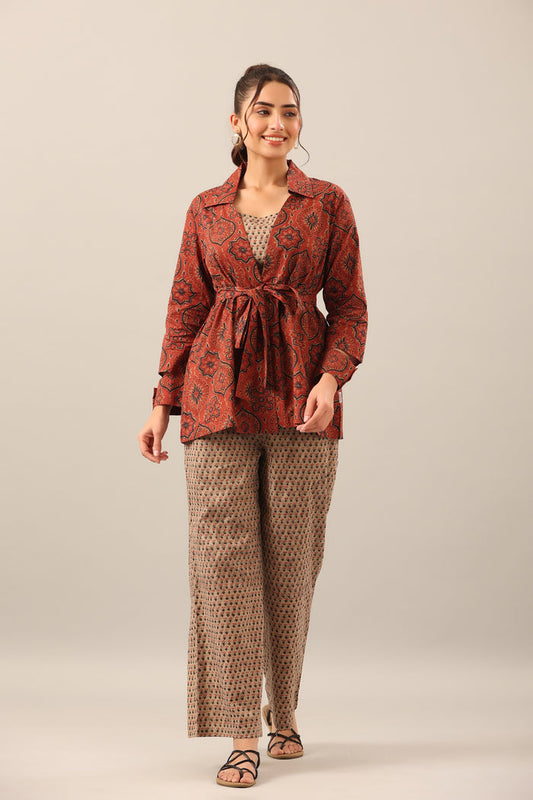 Maroon and Green Ajrakh Cotton Print Three piece Shrug Set