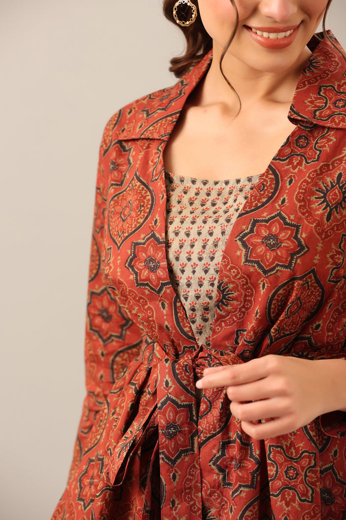 Maroon and Green Ajrakh Cotton Print Three piece Shrug Set