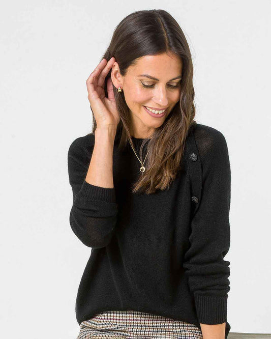 Maxine Button Detail Crew Neck Jumper - Black - The Classic Boutique