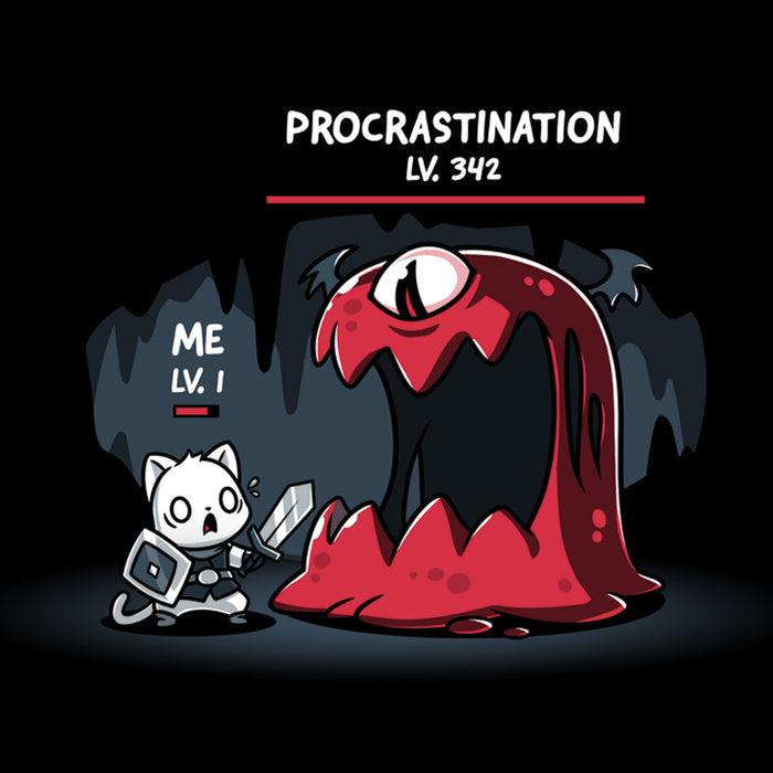 Premium Cotton T-shirt_TeeTurtle black Me Vs. Procrastination featuring a cat knight labeled "ME LV. 1" standing nervously in front of a giant red monster labeled "PROCRASTINATION LV. 342" in a dark, cavernous setting.
