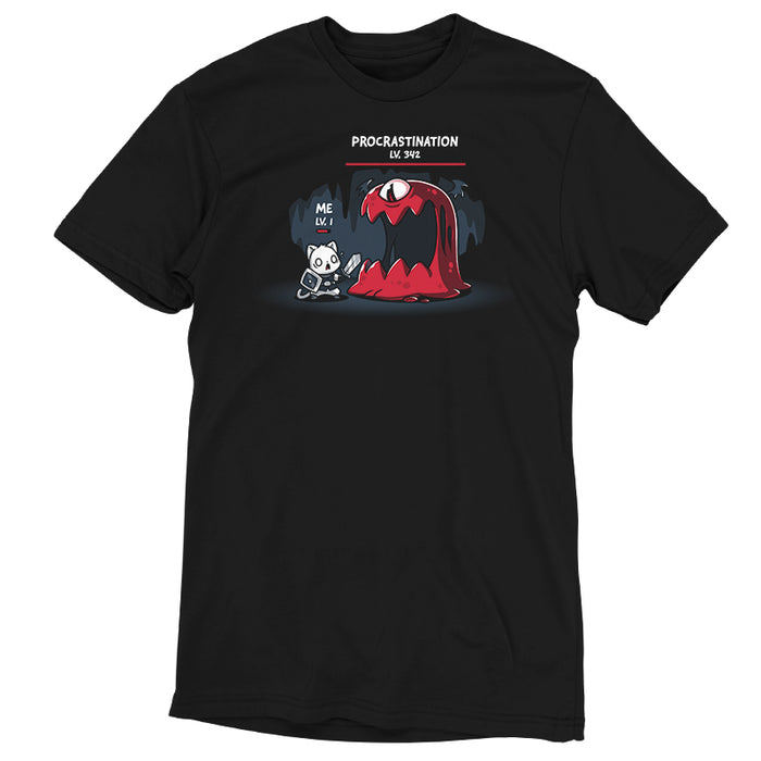 Premium Cotton T-shirt_TeeTurtle black Me Vs. Procrastination featuring a cat knight labeled "ME LV. 1" standing nervously in front of a giant red monster labeled "PROCRASTINATION LV. 342" in a dark, cavernous setting.