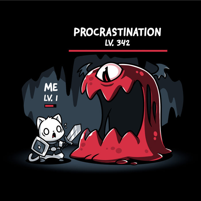 Classic Cotton T-shirt_TeeTurtle black Me Vs. Procrastination featuring a cat knight labeled "ME LV. 1" standing nervously in front of a giant red monster labeled "PROCRASTINATION LV. 342" in a dark, cavernous setting.