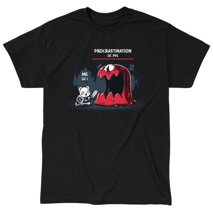 Classic Cotton T-shirt_TeeTurtle black Me Vs. Procrastination featuring a cat knight labeled "ME LV. 1" standing nervously in front of a giant red monster labeled "PROCRASTINATION LV. 342" in a dark, cavernous setting.