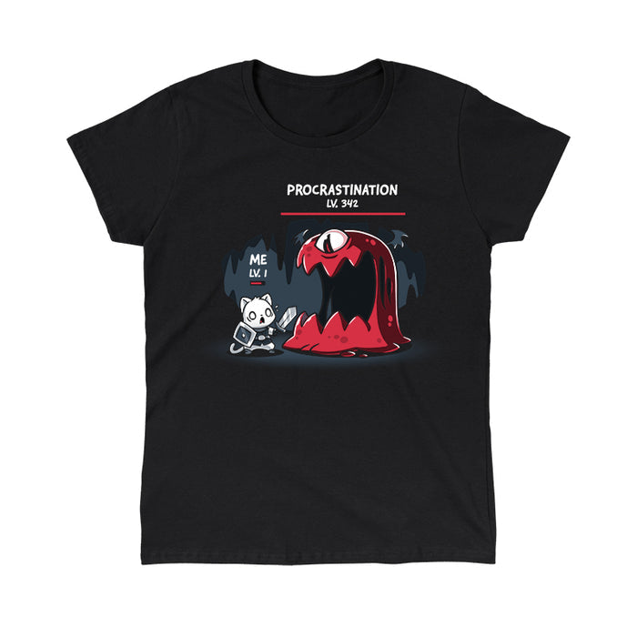 Classic Cotton T-shirt_TeeTurtle black Me Vs. Procrastination featuring a cat knight labeled "ME LV. 1" standing nervously in front of a giant red monster labeled "PROCRASTINATION LV. 342" in a dark, cavernous setting.