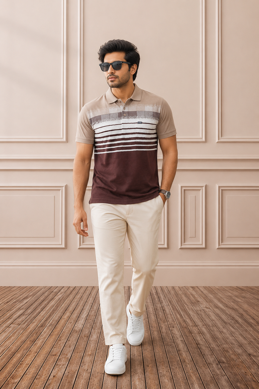 Men's Beige & Coffee Brown Striped Polo T-Shirt