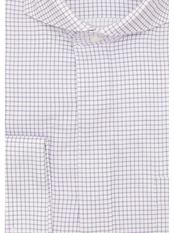 Brand M SHIRTS Mens Cotton Purple Check Classic Fit Cutaway Collar Stretch Dress Shirt