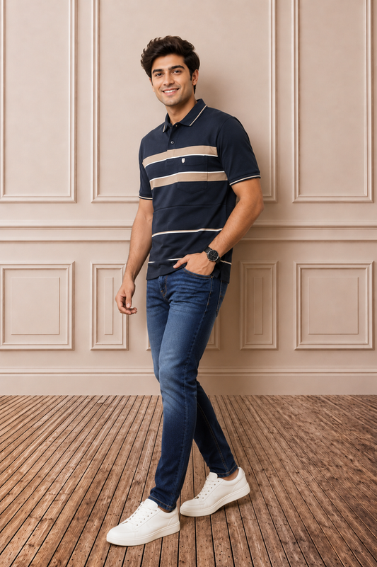 Men's Navy Blue Striped Polo T-Shirt – Premium Cotton Casual Wear