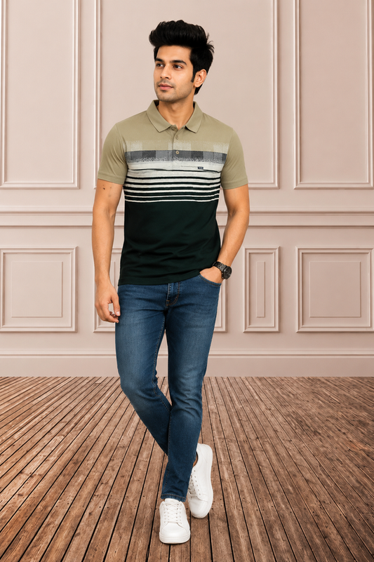 Men's Olive Green & Black Striped Polo T-Shirt