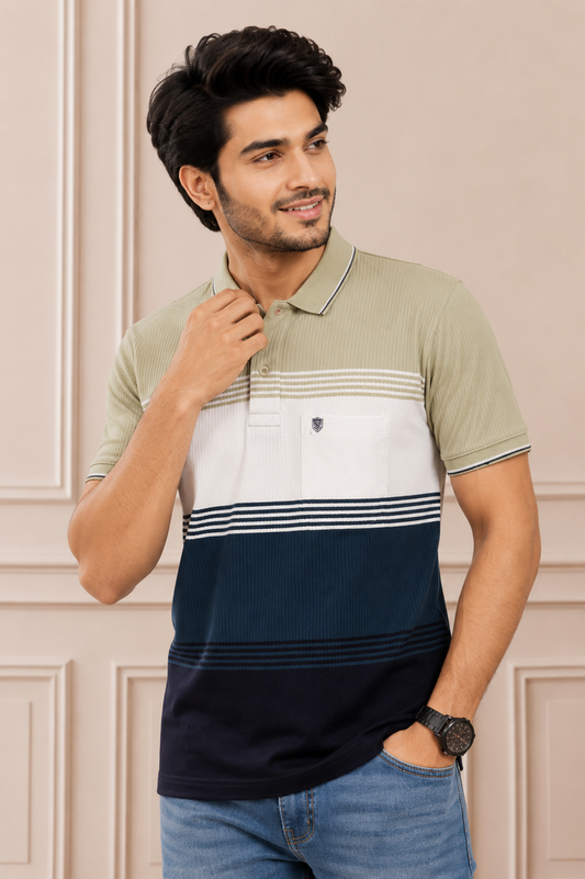 Men's Olive & Navy Striped Polo T-Shirt – Premium Casual Wear