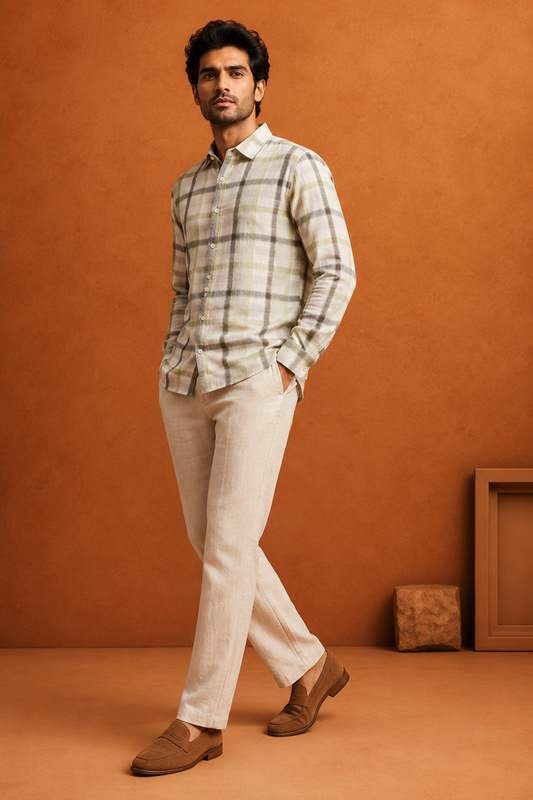 Men's Premium Sky Blue & Beige Windowpane Check Casual Shirt
