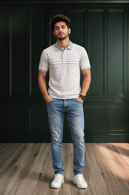 Men's Premium White & Grey Textured Polo T-Shirt