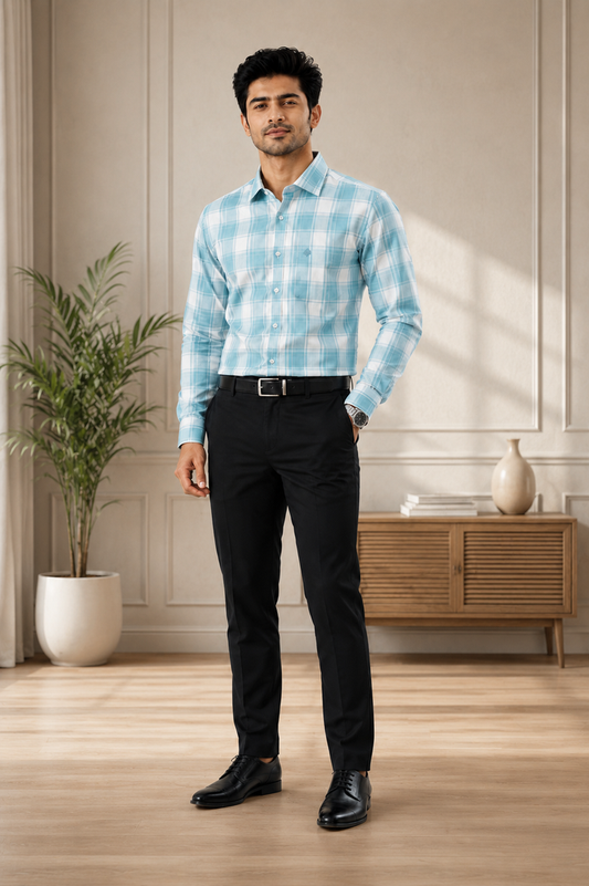 Men's Sky Blue Checked Full Sleeve Formal Shirt