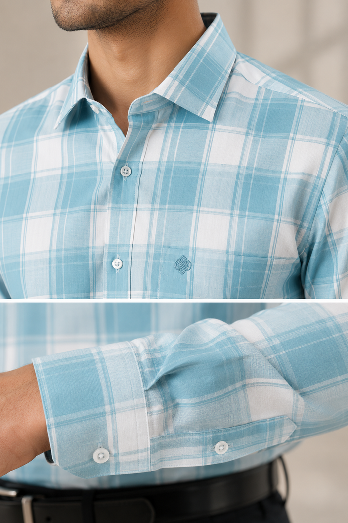Men's Sky Blue Checked Full Sleeve Formal Shirt