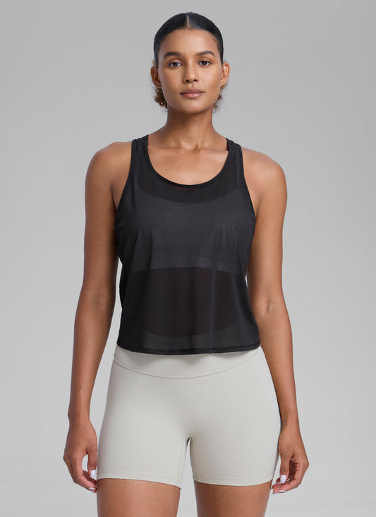 CRZ YOGA Women's Yoga Mesh Relaxed Fit Tops U Neck Tank Black