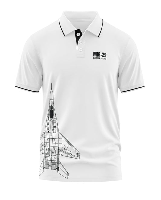 White polo t-shirt for men with MIG-29 Galwan Border text and jet graphic print