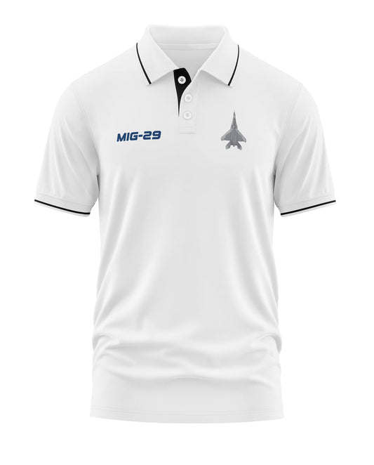 White polo t-shirt with black trim, MIG-29 text and fighter jet graphic on chest