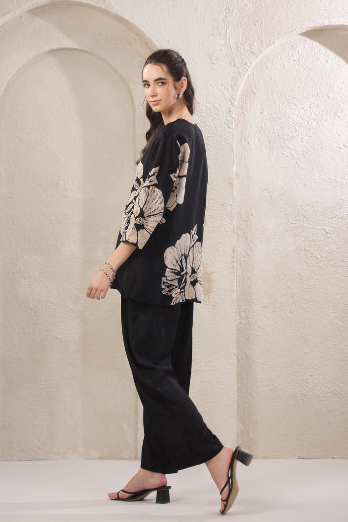 Monochrome Flora Black Russian Silk Co-ord Set