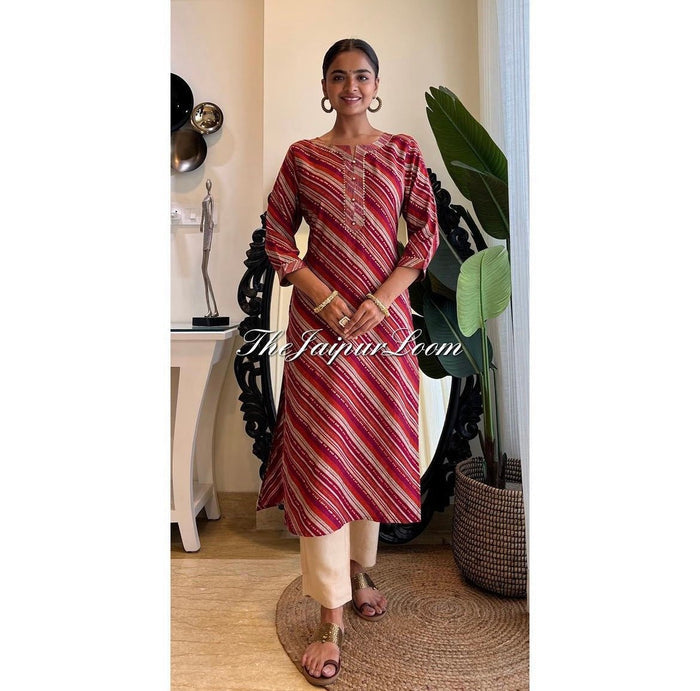 Muslin Silk Leheriya Kurta- Maroon